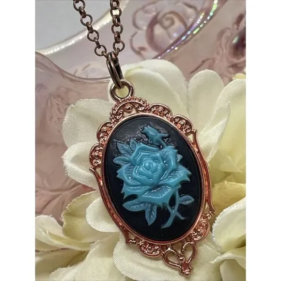 Black teal Turquoise Necklace Easter Mom Cameo Mom Rose Gold wedding Jewelry - Picture 2 of 13